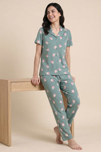 Zivame Farm Lore Knit Cotton Pyjama Set - Iceberg Green — thumbnail 1